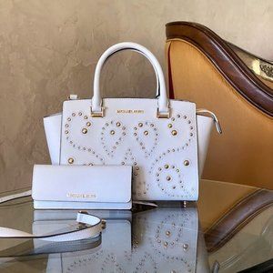 NWT MICHAEL KORS STUDDED SELMA MD SATCHEL+WALLET